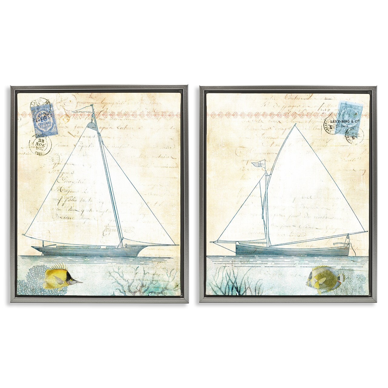 Stupell Industries Sailboats with Vintage Postage 2pc Floating Frame Set By Susan Arnot